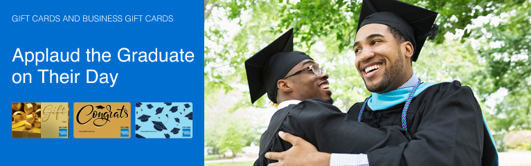 Graduating students hugging wearing graduation gowns and caps. The top text reads “Gift Cards and Business Gift Cards” and the lower text reads “Applaud the Graduate on their Day”